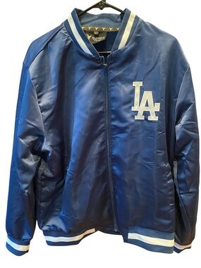 LA Dodger Logo Blue Satin Bomber Jacket Size L